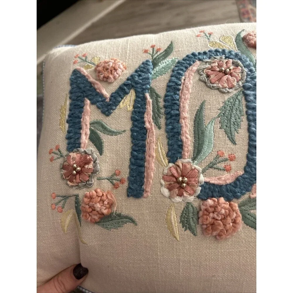 Embroidered Cotton Throw Pillow - Mom
